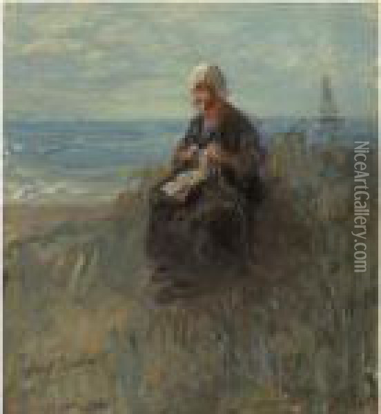 Woman Knitting By The Shore Oil Painting - Jozef Israels