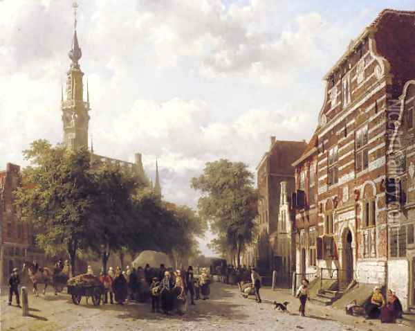 A busy market in Veere with the bell-tower of the town hall beyond Oil Painting - Cornelis Springer