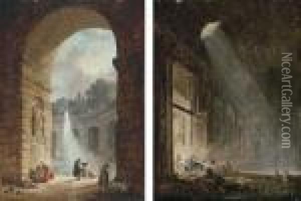 A Ruined Gallery With Shepherds By A Fountain Oil Painting - Hubert Robert