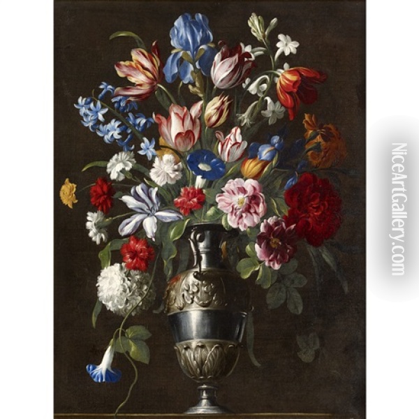 Tulips, A Peony, A Carnation, And Other Flowers In A Gilt Bronze Mounted Urn Oil Painting - Giovanni Stanchi