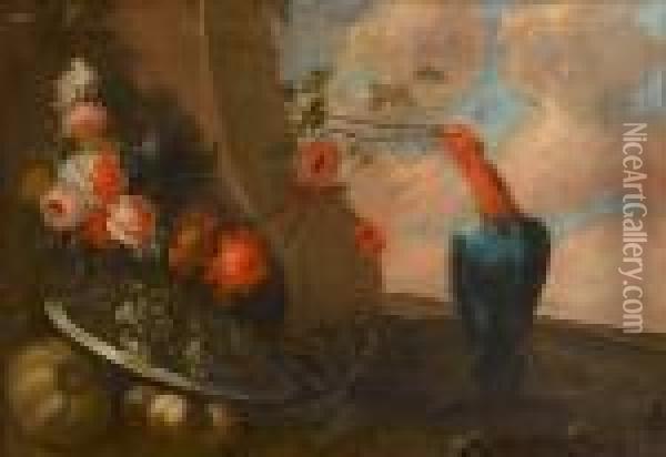 A Peahen Beside A Stone Column 
With A Basket Of Grapes, Peaches And Pomegranates With Pears And Other 
Fruit In A Landscape; And A Pewter Dish Of Grapes With Roses, 
Chrysanthemums And Other Flowers Before The Base Of A Column With An 
Exotic Bird Ne Oil Painting - Michele Antonio Rapous