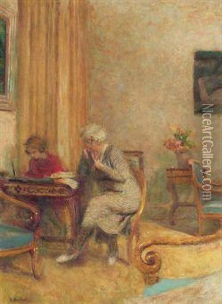 Madame Hessel Et Lulu Dans Le Petit Salon Des Clayes Oil Painting - Jean-Edouard Vuillard