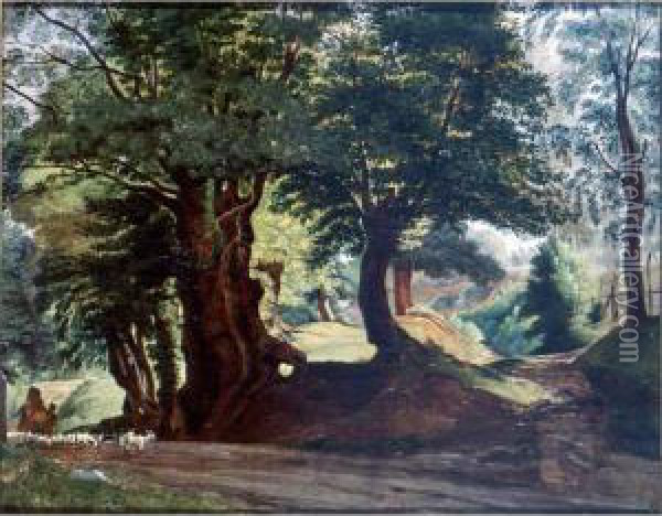 A Wooded Lanscape With Goats On A Path Near Ariccia Oil Painting - Ernst Willers
