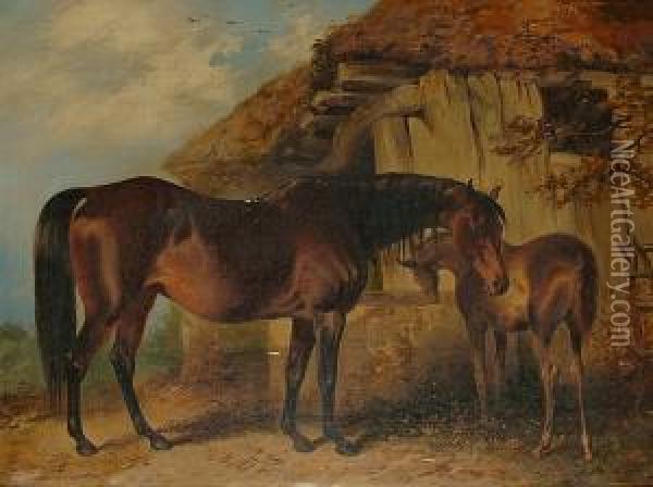 A Bay Mare With A Foal Before A Stable Oil Painting - Henry Barraud