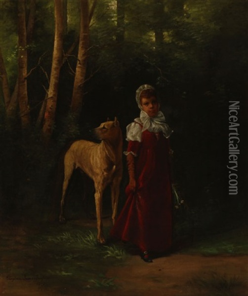 Girl And Dog In A Forest Interior Oil Painting - Elizabeth Borglum