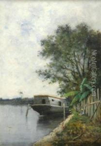Florida Scene, Barge And Fisherman Oil Painting - William Henry Hilliard