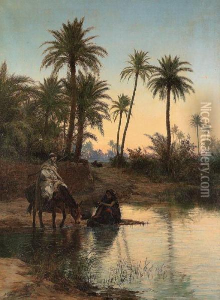 At The Oasis Oil Painting - Eugene-Alexis Girardet
