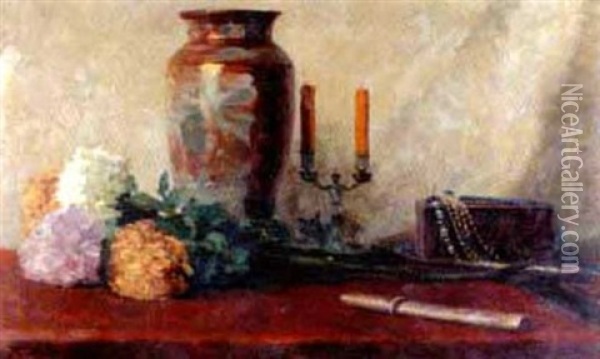 Stilleben Mit Chrysanthemen, Chinavase, Perleketten Und Japanische Kurz Oil Painting - Wilhelm Wunderwald