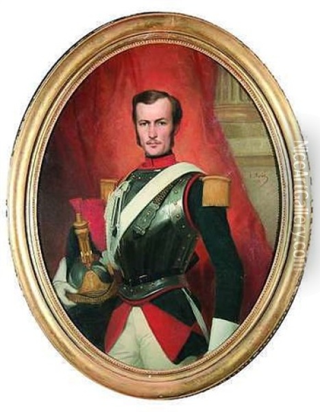 Bildnis Eines Offiziers Der Napoleonischen Armee Vor Einem Roten Vorhang Oil Painting - Emmanuel Auguste Masse