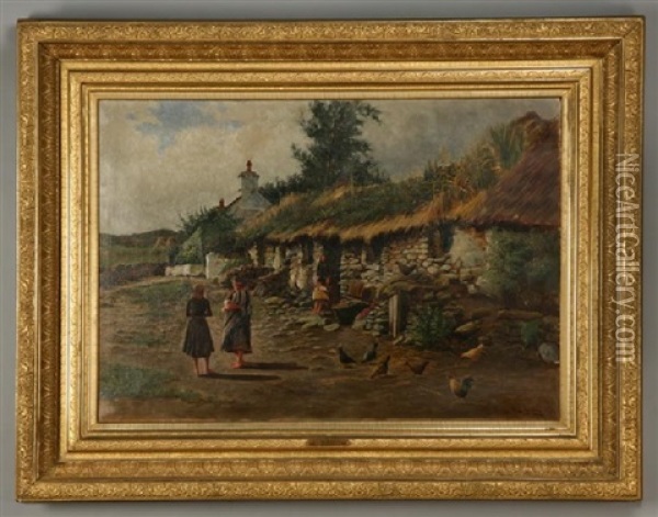 Farm Scene W/ Figures Oil Painting - William C. Adam