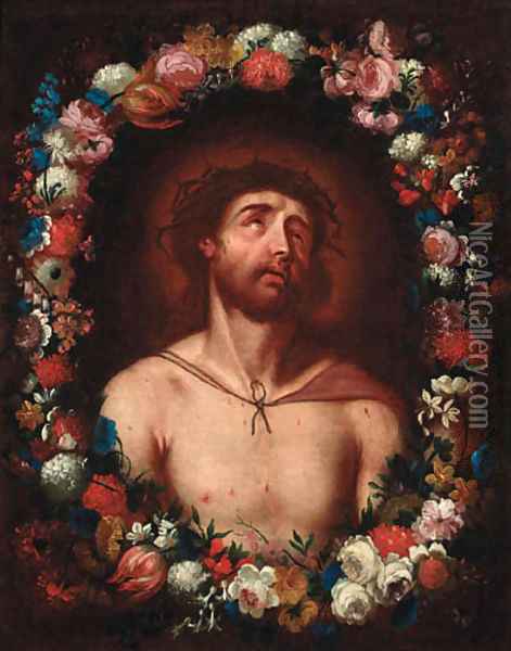 Christ crowned with thorns within a floral surround Oil Painting - Guido Reni