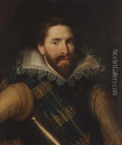 Portrait Of A Man Wearing A Cuirasse And A Blue Sash Oil Painting - Michiel Janszoon van Mierevelt