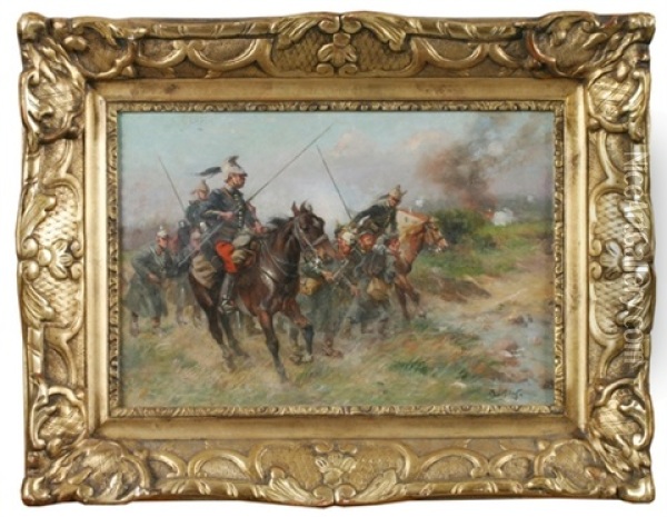 Franzosische Kavallerie Mit Deutschen Gefangenen Im Krieg Oil Painting - Louis Raoul Arus