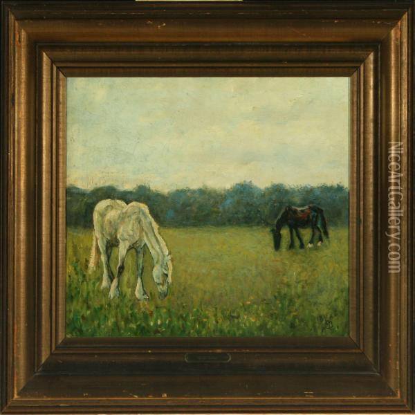 Grazing Horses In The Field Oil Painting - Eiler Braae
