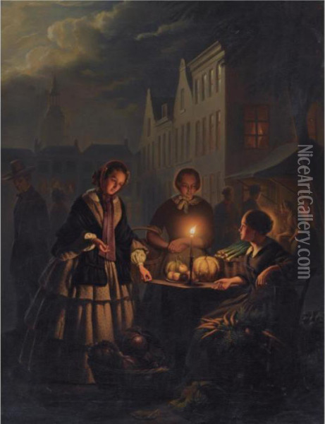 A Vegetable Market At The Grote Markt In The Hague Oil Painting - Petrus van Schendel