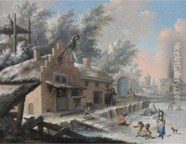 A Winter Landscape With Figures Playing On The Ice And People Skating Oil Painting - Bernardus Van Schendel