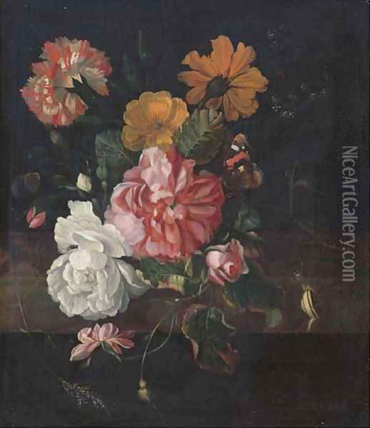 Roses with a butterfly, a bluebottle and a snail on a stone ledge Oil Painting - Ernst Stuven