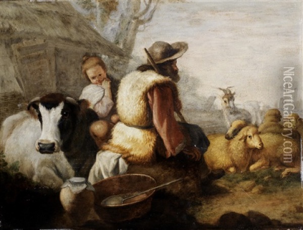 Drovers Resting With Their Flock; And Peasants Grazing Cattle (2 Works) Oil Painting - Francesco Londonio