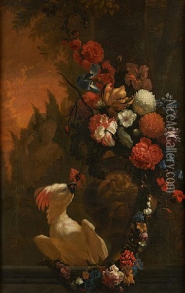 Perroquet Sur Fond De Paysage Architectural Avec Bouquet Fleuri En Avant-plan Oil Painting - Abraham Bisschop
