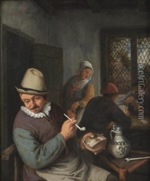 A Tavern Interior With A Peasant Smoking A Pipe And Figures Playingcards Oil Painting - Adriaen Jansz. Van Ostade