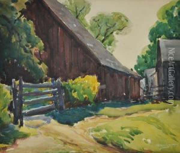 Barnside Oil Painting - Wilbur L. Oakes