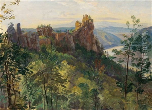 Blick Auf Die Ruine Aggstein Oil Painting - Ludwig Georg Eduard Halauska