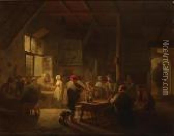 'a Busy Tavern'. Oil Painting - Ferdinand de Braekeleer