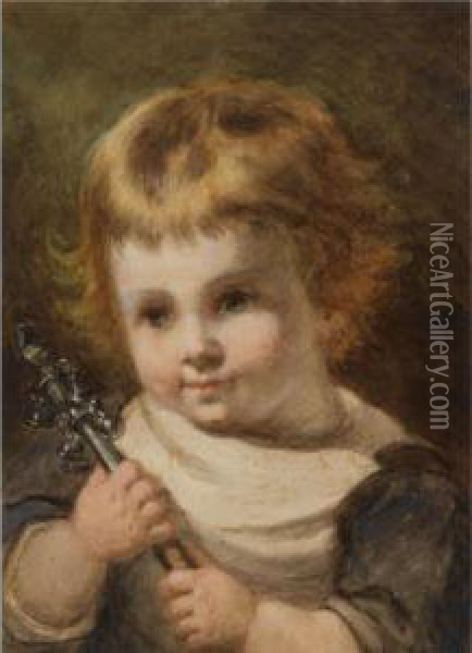 A Portrait Of A Young Girl Holding A Rattle Oil Painting - Catherine Bisschop-Swift