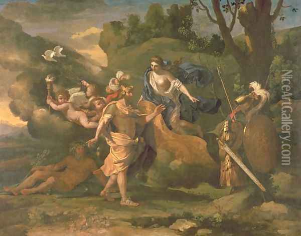 Venus, Mother of Aeneas, Presenting him with Arms Forged by Vulcan, c.1635 Oil Painting - Nicolas Poussin