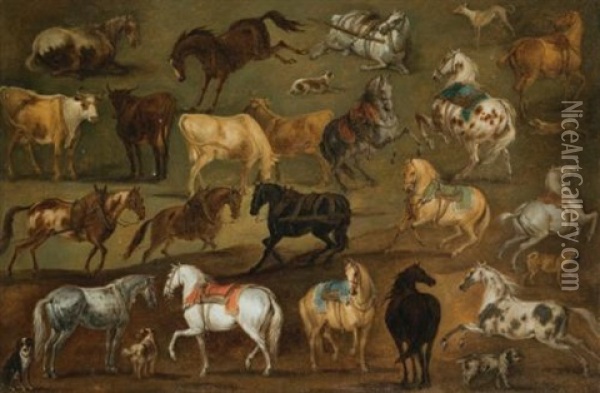 Horses, Cows And Dogs (study) Oil Painting - Adam Frans van der Meulen