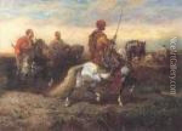 Araber Zu Pferde In Weiter Landschaft Oil Painting - Adolf Schreyer