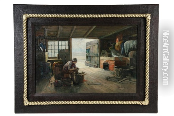 Fisherman At Work Inside His Shack Oil Painting - Edward A. Page