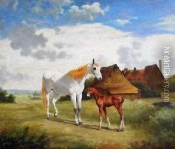 Mare And Foal In A Landscape Oil Painting - Jan Mortel