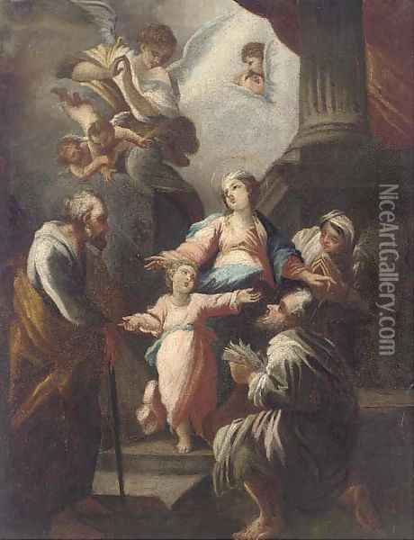 The Holy Family with saints and angels Oil Painting - Giovanni Camillo Sagrestani
