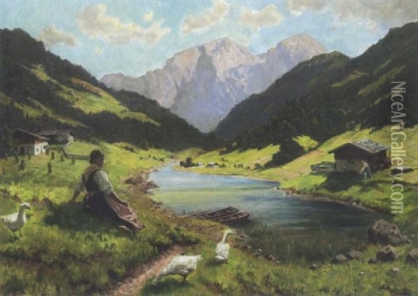 Junge Gansehirtin Am Gebirgssee Oil Painting - Emil Rau
