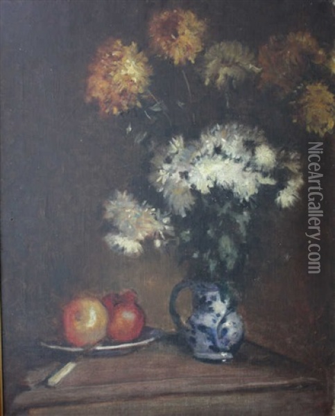 Nature Morte Au Bouquet De Fleurs Et Assiettes De Fruits Oil Painting - Paul De Castro