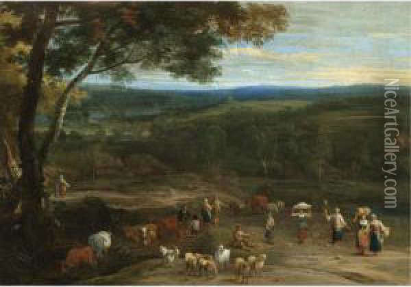 An Extensive Landscape With 
Figures On High Ground Passing A Herdsman Grazing His Cattle And Sheep Oil Painting - Lucas Achtschellinck