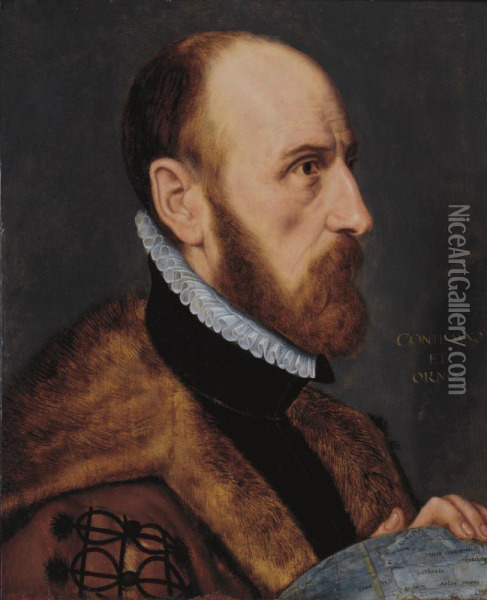Sold By The J. Paul Getty Museum To Benefit Future Painting Acquisitions
 

 
 
 

 
 Portrait Of Abraham Ortelius, In Near Profile, Bust-length, Facing To The Right, Resting His Left Hand On A Globe Oil Painting - Adriaen Thomasz Ii Key