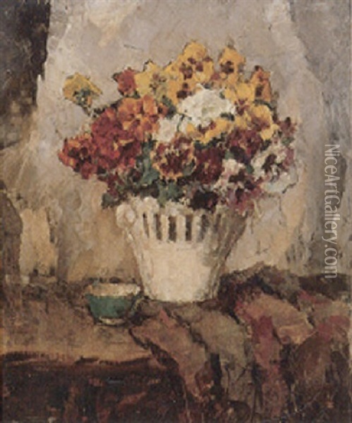 Bunte Stiefmutterchen Im Sonnigen Licht Vor Grau Changierendem Hintergrund Oil Painting - Ernst Kolbe
