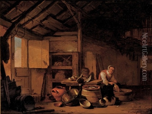 A Woman Plucking A Duck In A Barn Oil Painting - Egbert Lievensz van der Poel