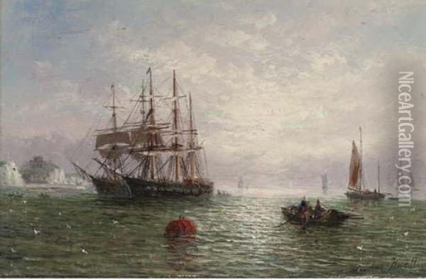 Anchored In Calm Waters Off The Coast Oil Painting - Adolphus Knell