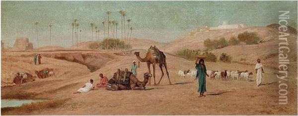 Figures With Sheep And Camels In The Desert Oil Painting - Frederick Goodall