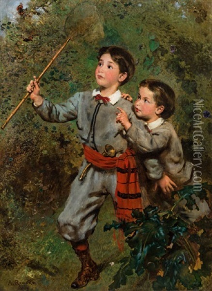 Two Children Catching Butterflies Oil Painting - Anton Romako