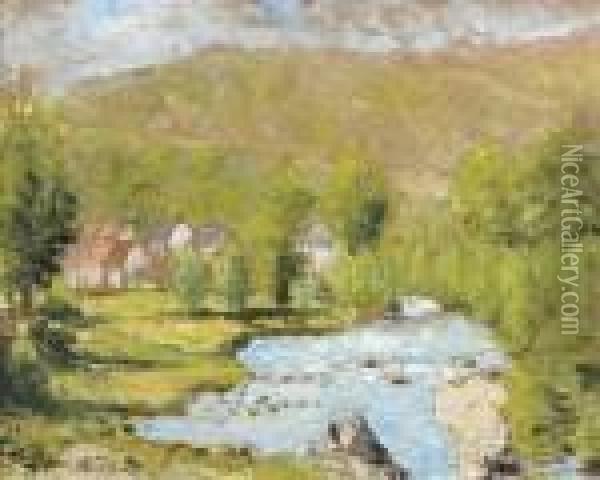 Village Sur La Riviere
 Huile Sur Panneau, Signee En Bas A Gauche Oil Painting - Pierre Eugene Montezin