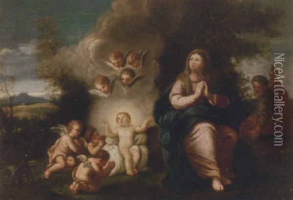 The Holy Family With The Infant Christ Being Adored By Putti Oil Painting - Marc Antonio Franceschini