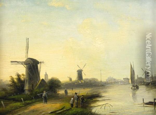 Hollandskt Kanallandskap Med Vaderkvarn Och Figurer Oil Painting - Jan Jacob Coenraad Spohler