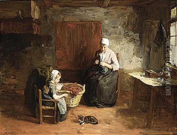 A Cottage Interior With Mother And Child Oil Painting - Albert Johan (Jan) Neuhuys