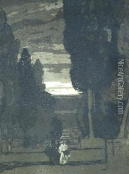 Figures In An Ornamental Garden Oil Painting - Sir Alfred East