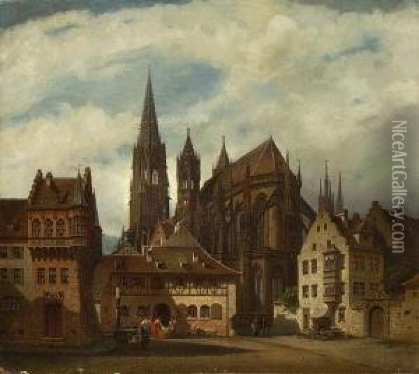 Blick Auf Das Munster In Freiburg
 Im Breisgau. Oil Painting - Friedrich Eibner