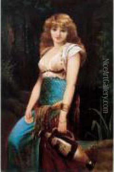 < Jeune Femme A La Fontaine >. Oil Painting - Henry Mosler